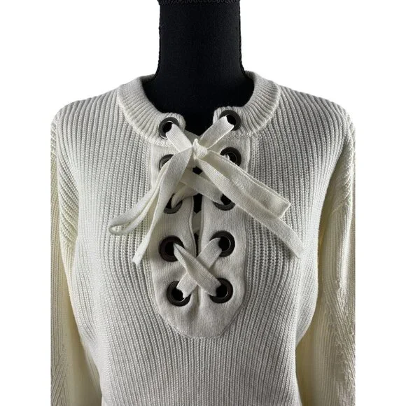 Olivia Warren Lace-Up Cream Knit Sweater With Oversized Eyelets & Ties Large - Picture 2 of 11